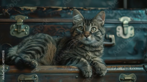 Obraz na płótnie Cute cat on the vintage suitcase w salonie