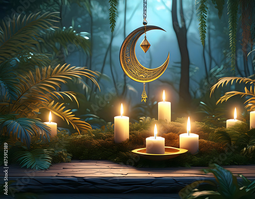  A moody scene featuring flickering candles and a crescent moon pendant. The soft candleligh_1(62) photo