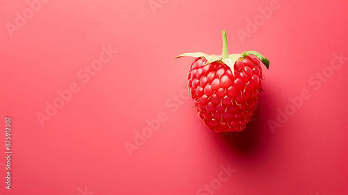 A close-up image of a fresh, ripe raspberry on a solid red background. photo