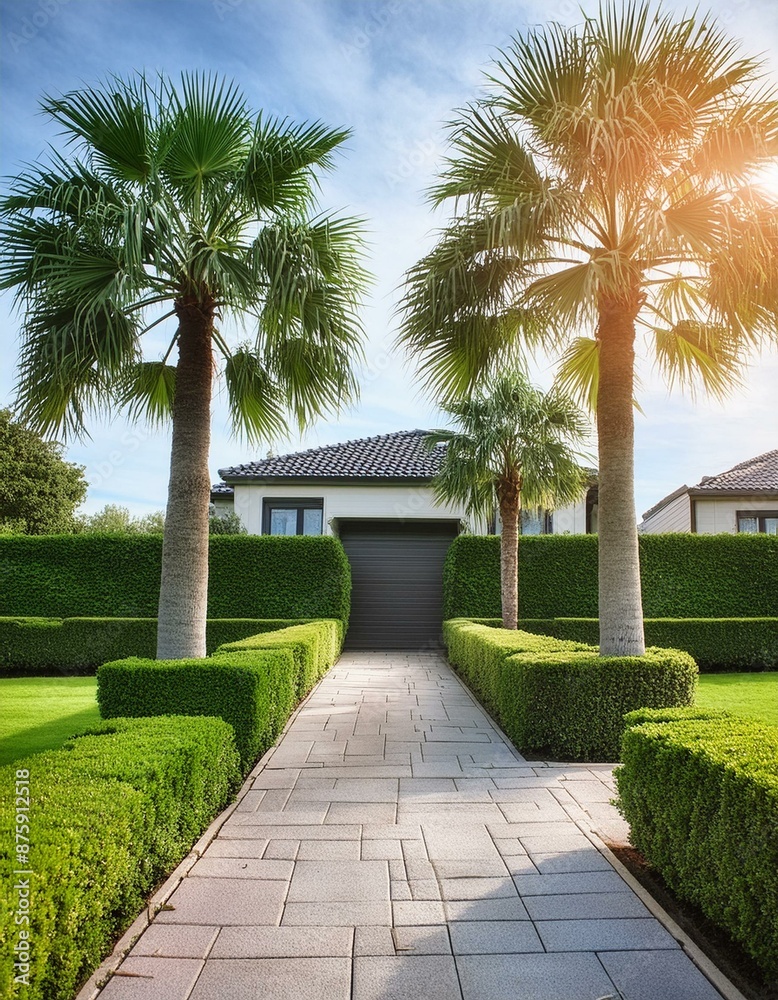 Fototapeta premium Gartenarchitektur - Garten mit Palmen und gestutzten Sträuchern
