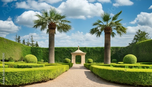 Gartenarchitektur - Garten mit Palmen und gestutzten Sträuchern photo