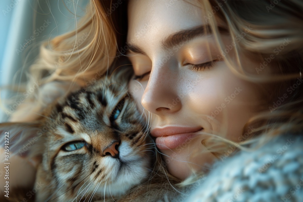 A woman lovingly snuggles with her cat, both with closed eyes and a serene expression, representing a deep bond, affection, and the calming presence of pets at home.