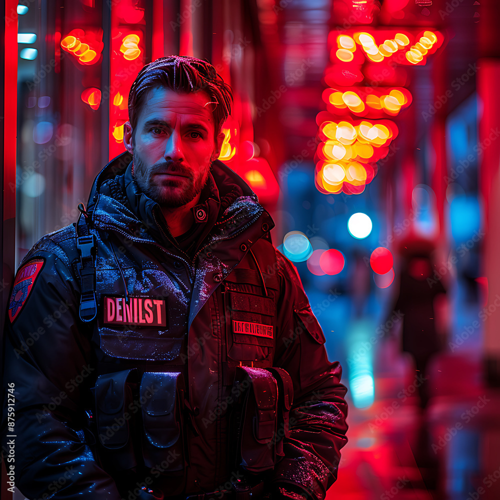 Resolute Police Officer at Nighttime Crime Scene Resolute Police Officer at Nighttime Crime Scene
