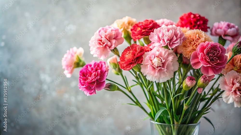 A bouquet of carnations on a light background with space for a message.
A bouquet of carnations on a light background with space for a message.