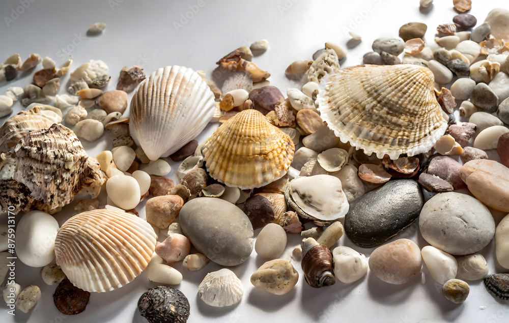 Shells and pebbles scattered on a white background. Sea life macro. Generative AI. Shells and pebbles scattered on a white background. Sea life macro. Generative AI.