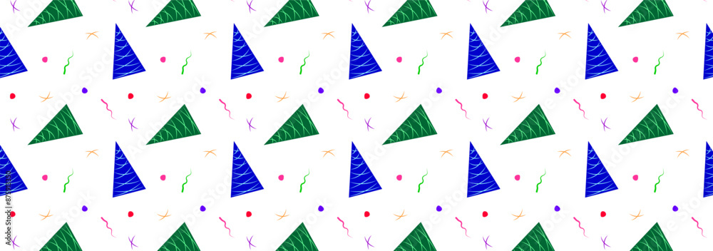 Seamless pattern with Christmas trees, streamers, confetti on white background. For wrapping paper, fabric, background design. Vector illustration Seamless pattern with Christmas trees, streamers, confetti on white background. For wrapping paper, fabric, background design. Vector illustration