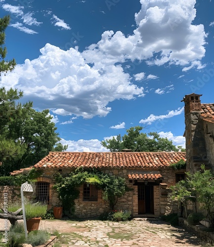 Stone house with a tiled roof in the countryside