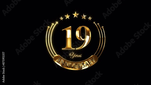 Happy 19th Anniversary Celebration. Golden 19 Years Anniversary Animation in Gold Color on the Transparent Background, Alpha Channel. Great for greetings, celebrations, events, and gifts.