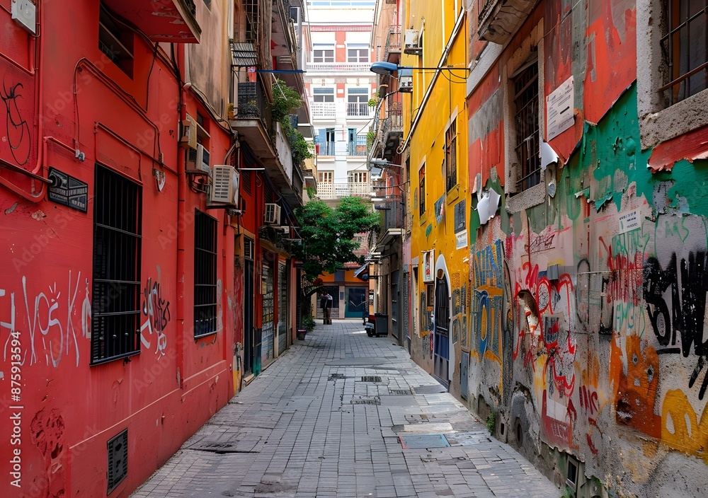 Fototapeta premium A narrow alleyway with colorful buildings and graffiti