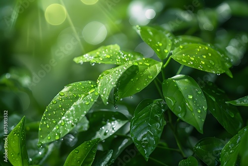 Green leaves with water drops close up