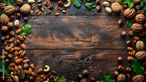 An assortment of nuts and leaves arranged on a wooden table.