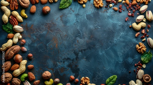 An assortment of nuts and seeds arranged on a dark blue stone background.