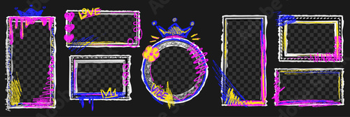 A set of picture frames with a halftone effect and naive scribbles of chalk, pencils or markers. Vector illustration of a carved rectangular, square or round frame in retro collage style.