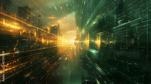 Futuristic Cityscape with Light Trails and Digital Lines