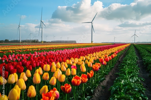 Field with tulips and wind turbines