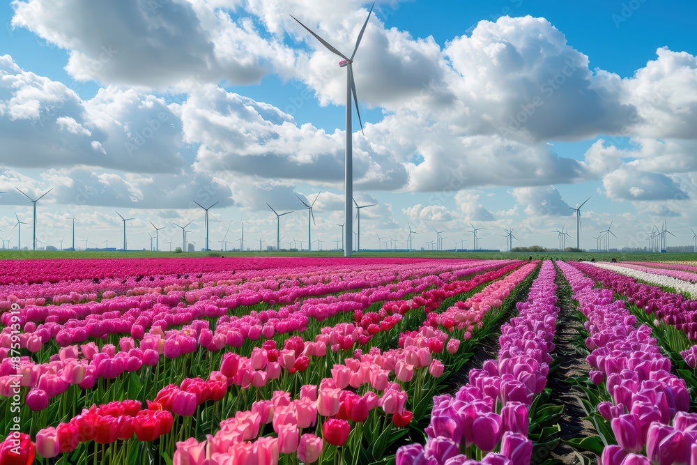 Field with tulips and wind turbines