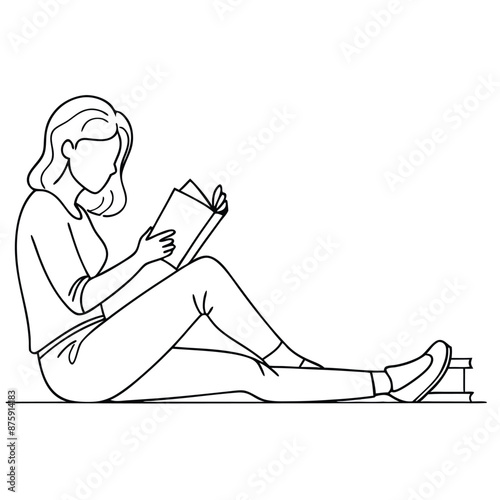 woman sitting on the floor, deeply engrossed in reading a book. line art vector illustration