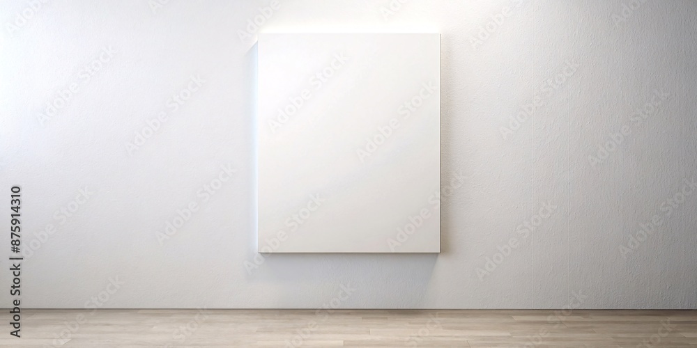 A large, pristine white canvas leans against a neutral-toned wall in a minimalist interior setting. The empty canvas contrasts with the subtle textures of the wall and floor.