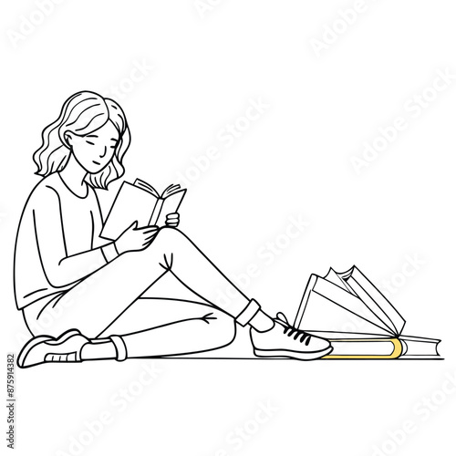 woman sitting on the floor, deeply engrossed in reading a book. line art vector illustration