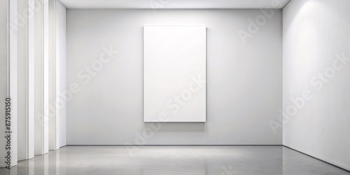A large, pristine white canvas leans against a neutral-toned wall in a minimalist interior setting. The empty canvas contrasts with the subtle textures of the wall and floor.