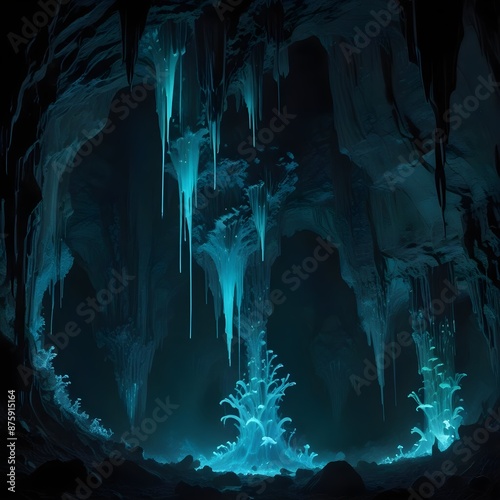 An underground cavern adorned with bioluminescent fungi, illuminating a path to unknown depths