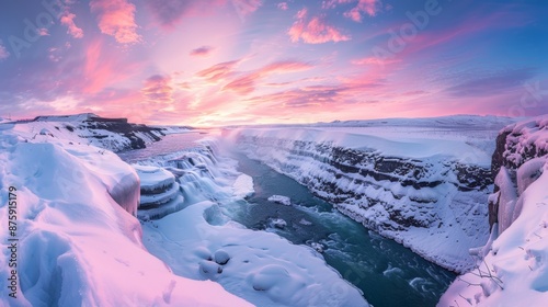 Beautiful nature photos of Iceland in winter Impressive view of Skogafoss Waterfall Skogafoss, Iceland's most famous landmark.