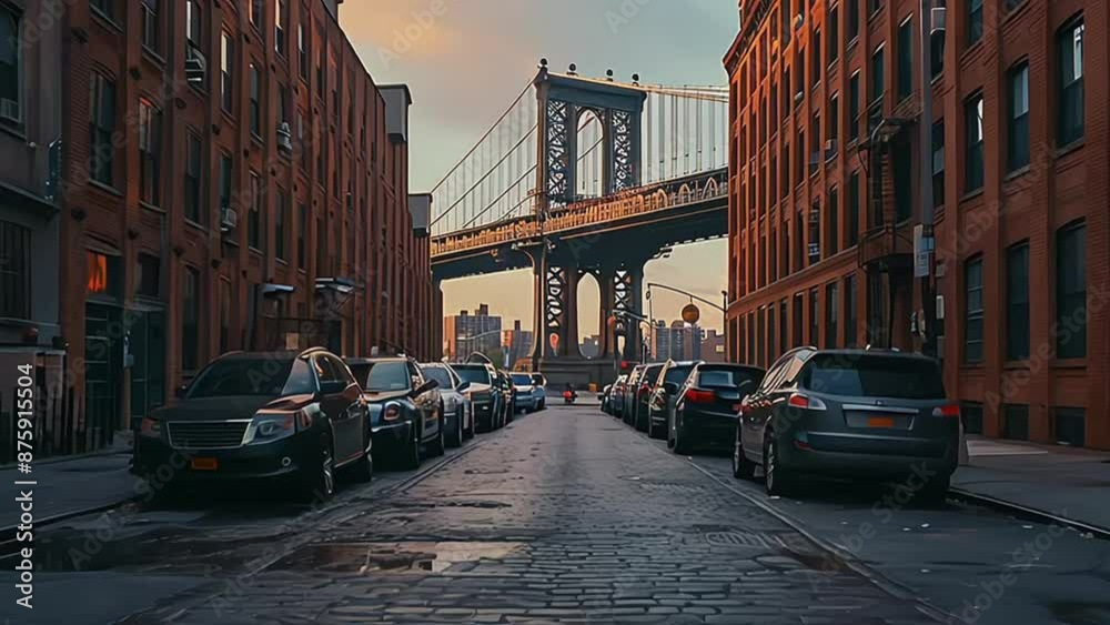 Manhattan bridge seen from a red brick buildings. Beautiful classic apartments in New York City. Beautiful american street. Famous view. Manhattan bridge seen from a red brick buildings. Beautiful classic apartments in New York City. Beautiful american street. Famous view.