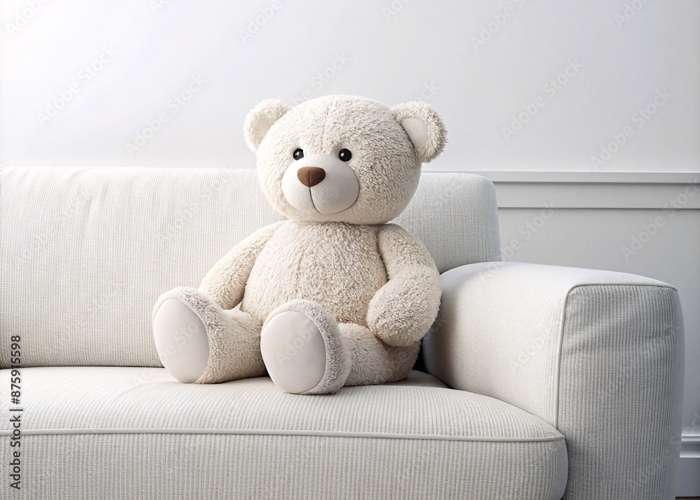 A soft, plush teddy bear sits comfortably on a modern, white sofa against a light background. This charming scene evokes feelings of warmth, comfort, and childhood nostalgia.