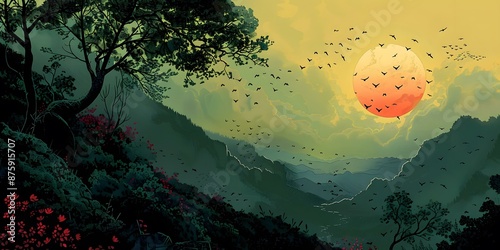 Mountain Landscape with Birds Flying Around the Sun photo