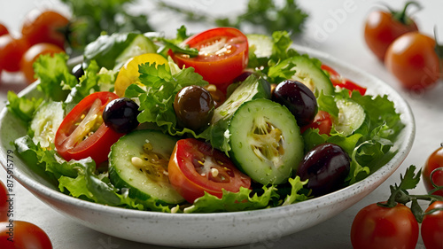 A colorful vegetable salad featuring a variety of fresh greens, cherry tomatoes, cucumber slices, and vibrant bell peppers, topped with plump olives for a burst of savory flavor and Mediterranean flai