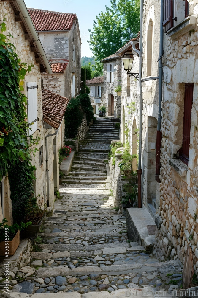 Obraz premium A narrow stone street with stone houses on both sides and a stone staircase leading up to a higher level