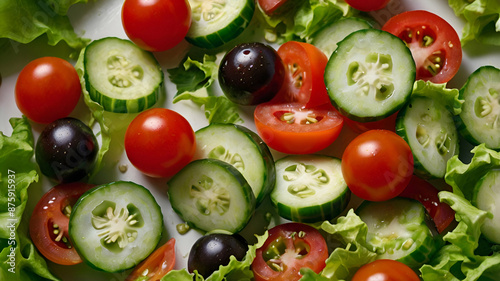 A colorful vegetable salad featuring a variety of fresh greens, cherry tomatoes, cucumber slices, and vibrant bell peppers, topped with plump olives for a burst of savory flavor and Mediterranean flai