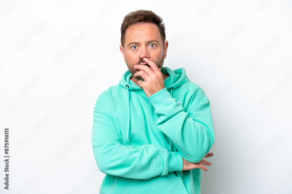 Middle age caucasian man isolated on white background surprised and shocked while looking right Middle age caucasian man isolated on white background surprised and shocked while looking right