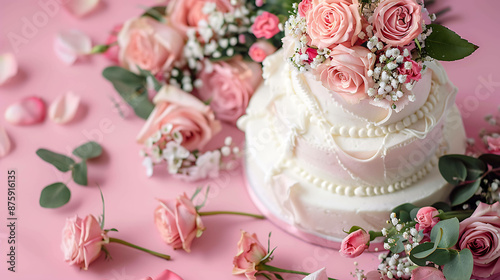 Three-tiered white wedding cake decorated with pink roses, baby's breath, and greenery. Pink roses and greenery are also scattered on the table. © Nurlan