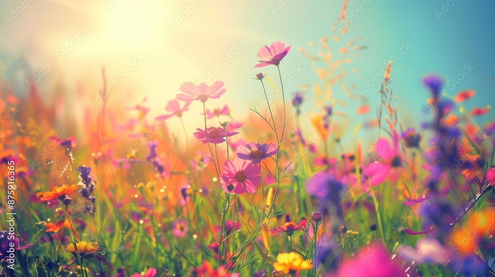 A picture of a field of flowers in the morning that is bright and fresh. Vintage autumn background. Beautiful colorful autumn flowers. Magical. A picture of a field of flowers in the morning that is bright and fresh. Vintage autumn background. Beautiful colorful autumn flowers. Magical.