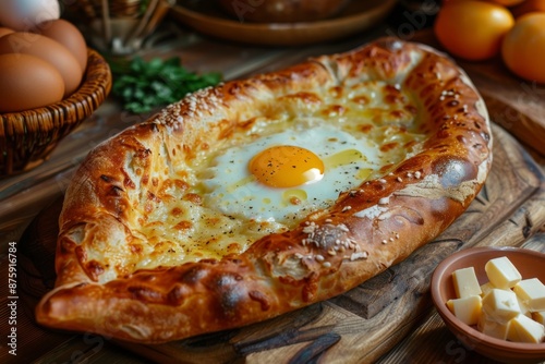 Homemade Ajarian Khachapuri with Sulguni Cheese Filled with a Raw Egg and Melted Butter Close Up photo