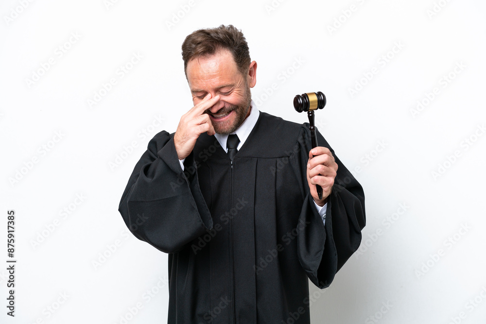 Middle age judge man isolated on white background laughing Middle age judge man isolated on white background laughing