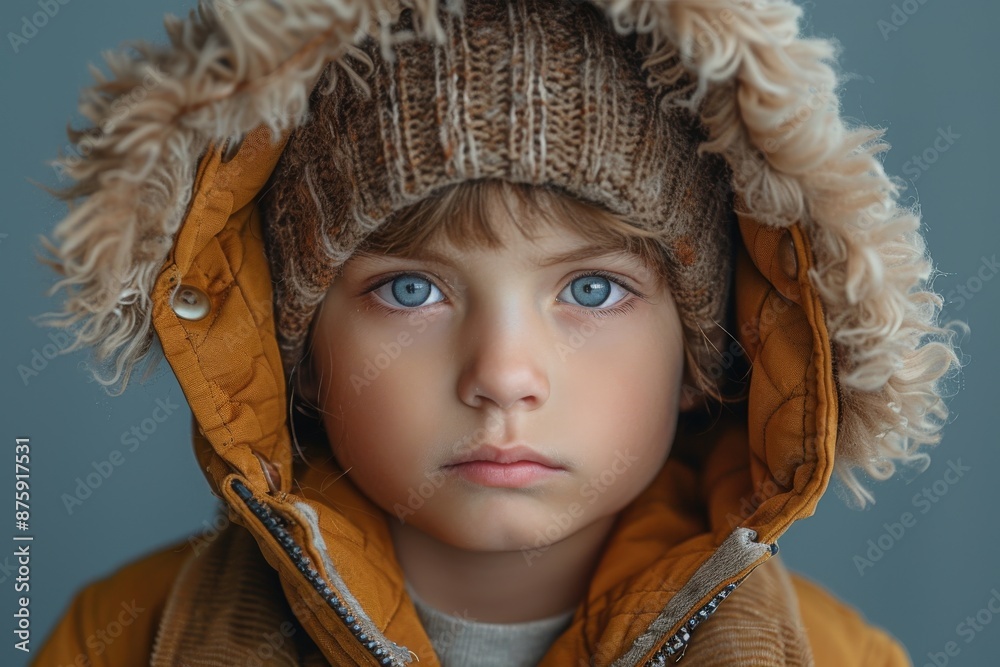 A close-up portrait of a child wearing a warm winter coat with a fur-lined hood, showcasing their strikingly blue eyes and serious expression. A close-up portrait of a child wearing a warm winter coat with a fur-lined hood, showcasing their strikingly blue eyes and serious expression.