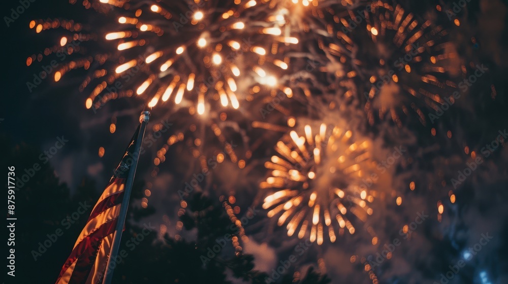 fireworks with the US Flag in the foreground