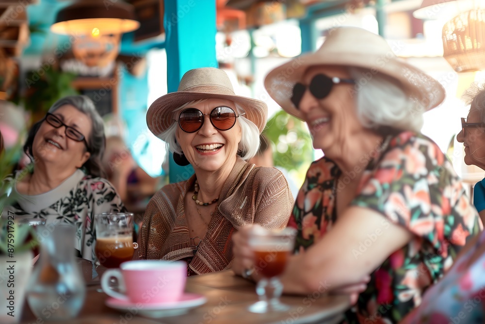 happy group of mature old women having fun in coffee shop