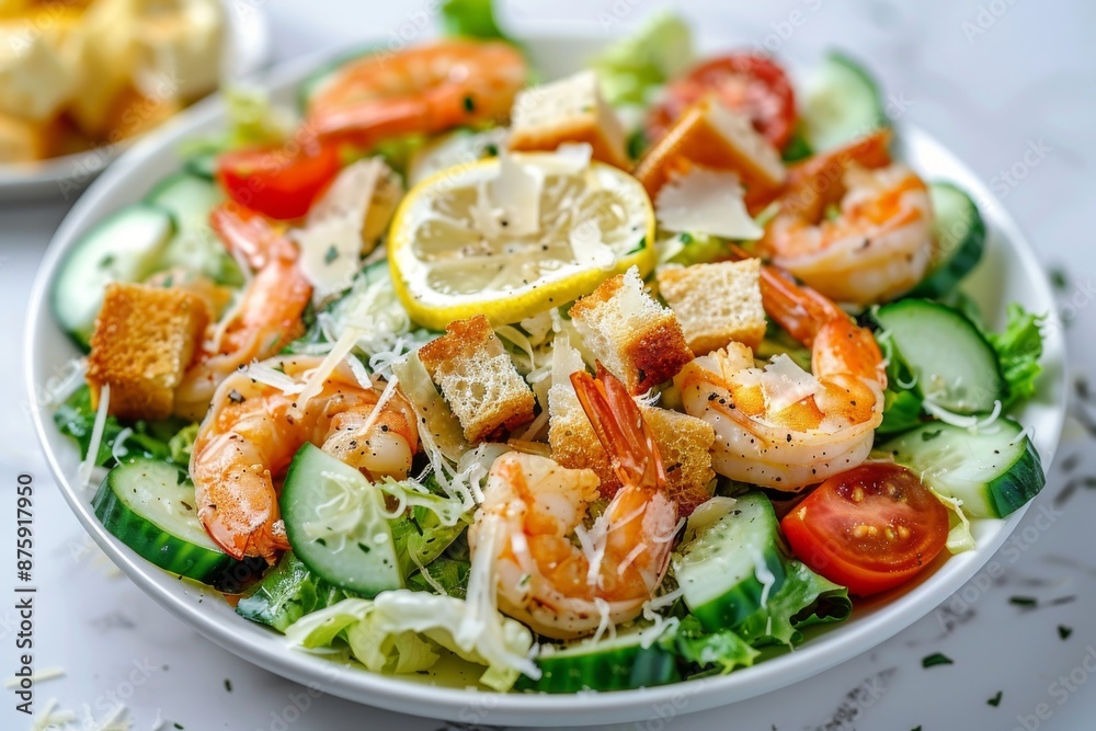 Caesar Salad with Shrimps, Chicken, Croutons, Tomatoes, Cucumbers on White Plate, Green Salad Caesar Salad with Shrimps, Chicken, Croutons, Tomatoes, Cucumbers on White Plate, Green Salad