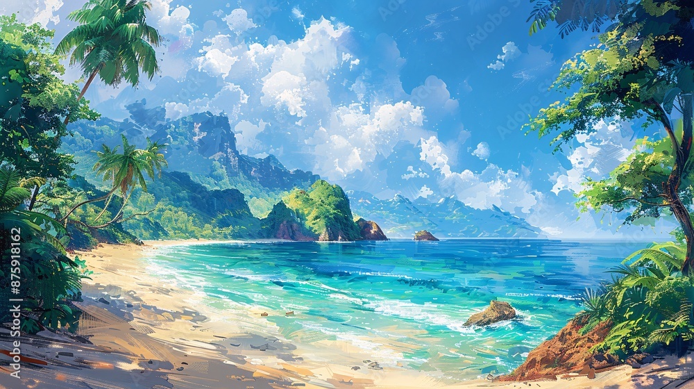 Fototapeta premium A beautiful tropical beach with white sand, clear blue water, palm trees, mountains in the distance, and lush green foliage along the shore