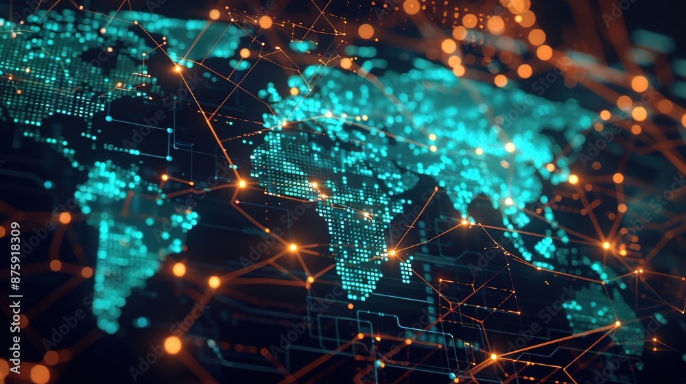 Global Online Money Transfer Network in Futuristic Digital World Map
