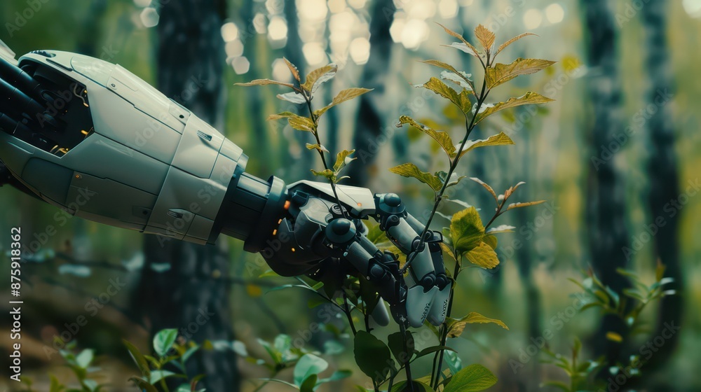 robot arm gently holds a sapling