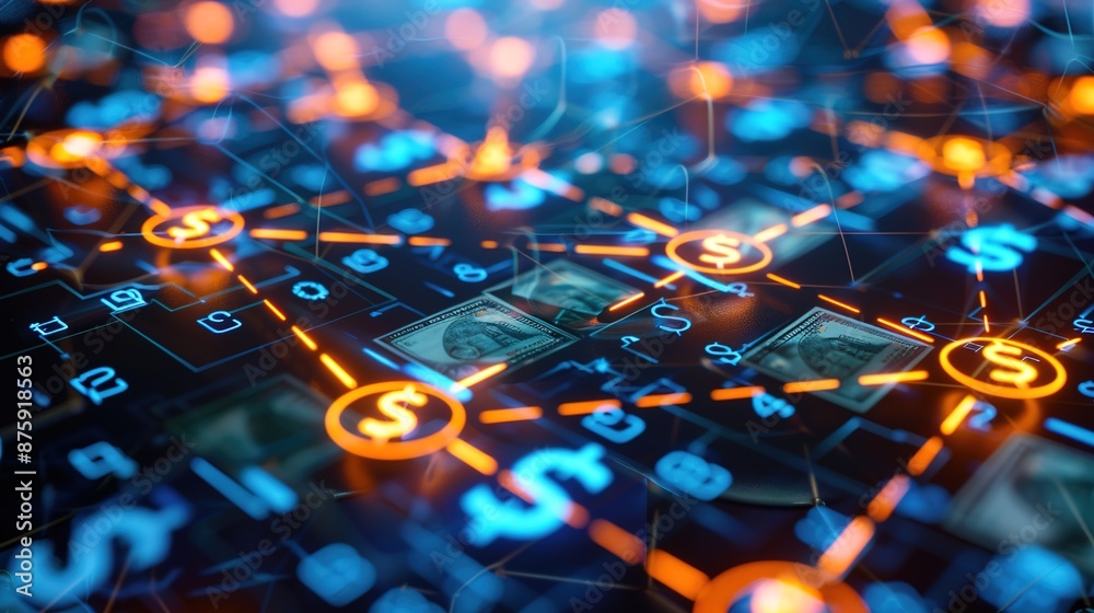 Obraz premium Illuminated Data Nodes and Currency Symbols: Abstract Online Money Transfer Concept