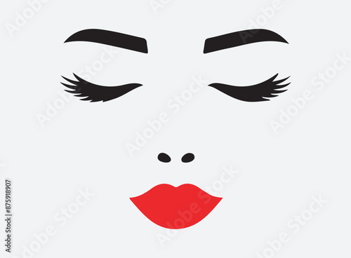 Eyebrows with red lips icon. Woman face logo design. Vector illustration.