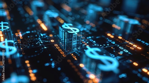 Glowing 3D Money Symbols on Dark Abstract Background for Online Transactions