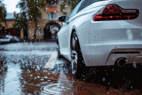 Car Weather: Modern Automobile Parked Outdoors on Rainy Day with Hail © Alona