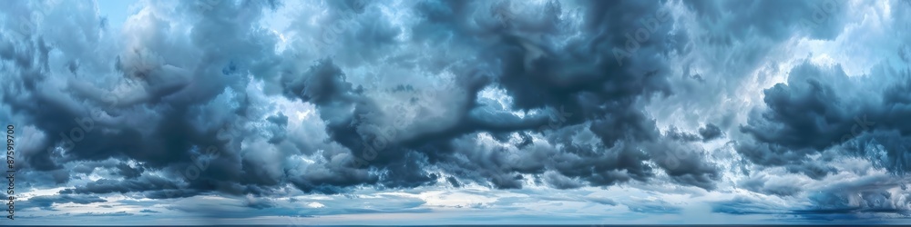 Fototapeta premium Wide Cloud. Dramatic Stormy Sky with Dark Grey Clouds Before Rain. Aerial Panoramic View