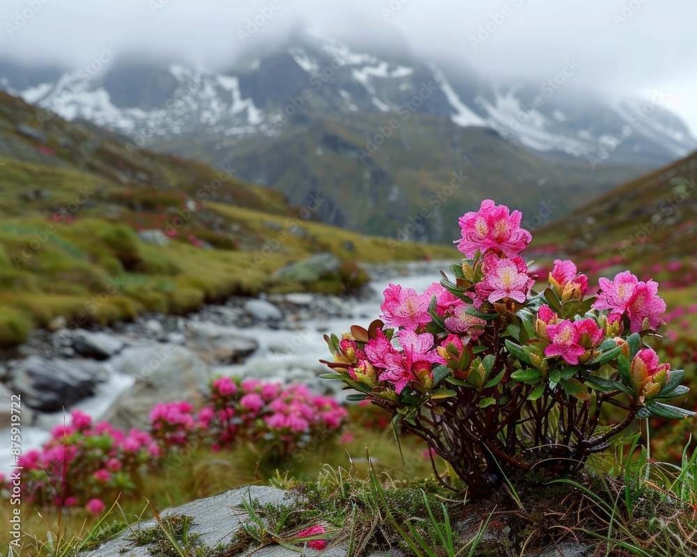 Fototapeta premium Alpine Rose. Snow-capped Rhododendron Ferrugineum Flower in the Alps